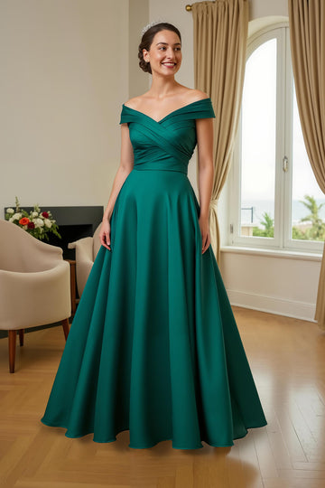 Dark Green A-Line V-Neck Ruched Long Mother of the Bride Dress with Ruffles